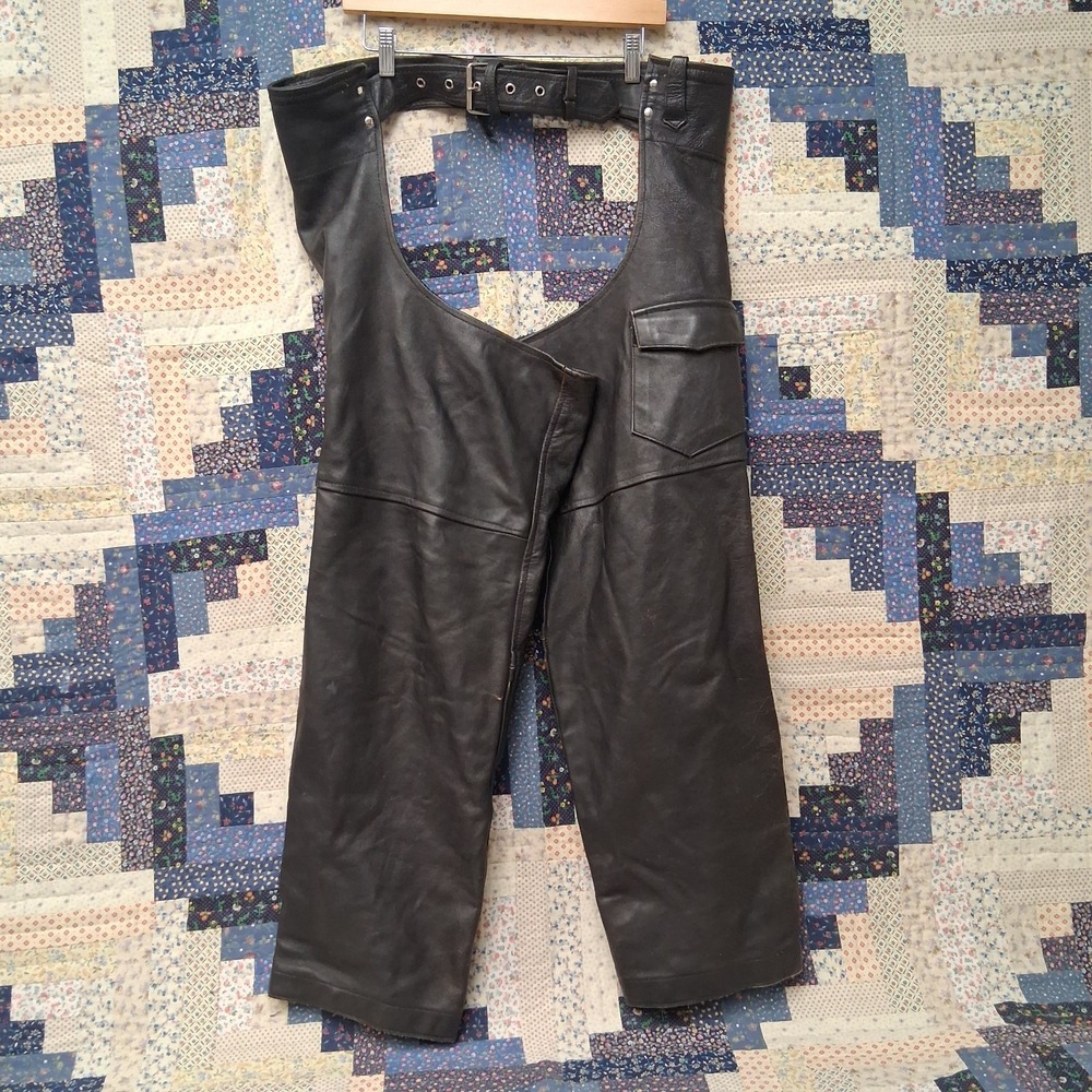 Jafrum Black Leather Motorcycle Chaps Size 2XL  Biker Adjustable Waist